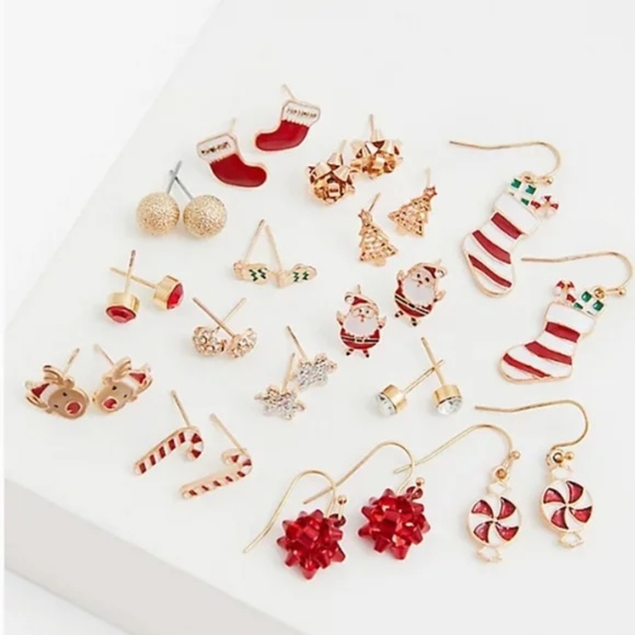 Torrid 15 Pair Holiday Christmas Gold Tone Earrings Xmas Set - Picture 2 of 4